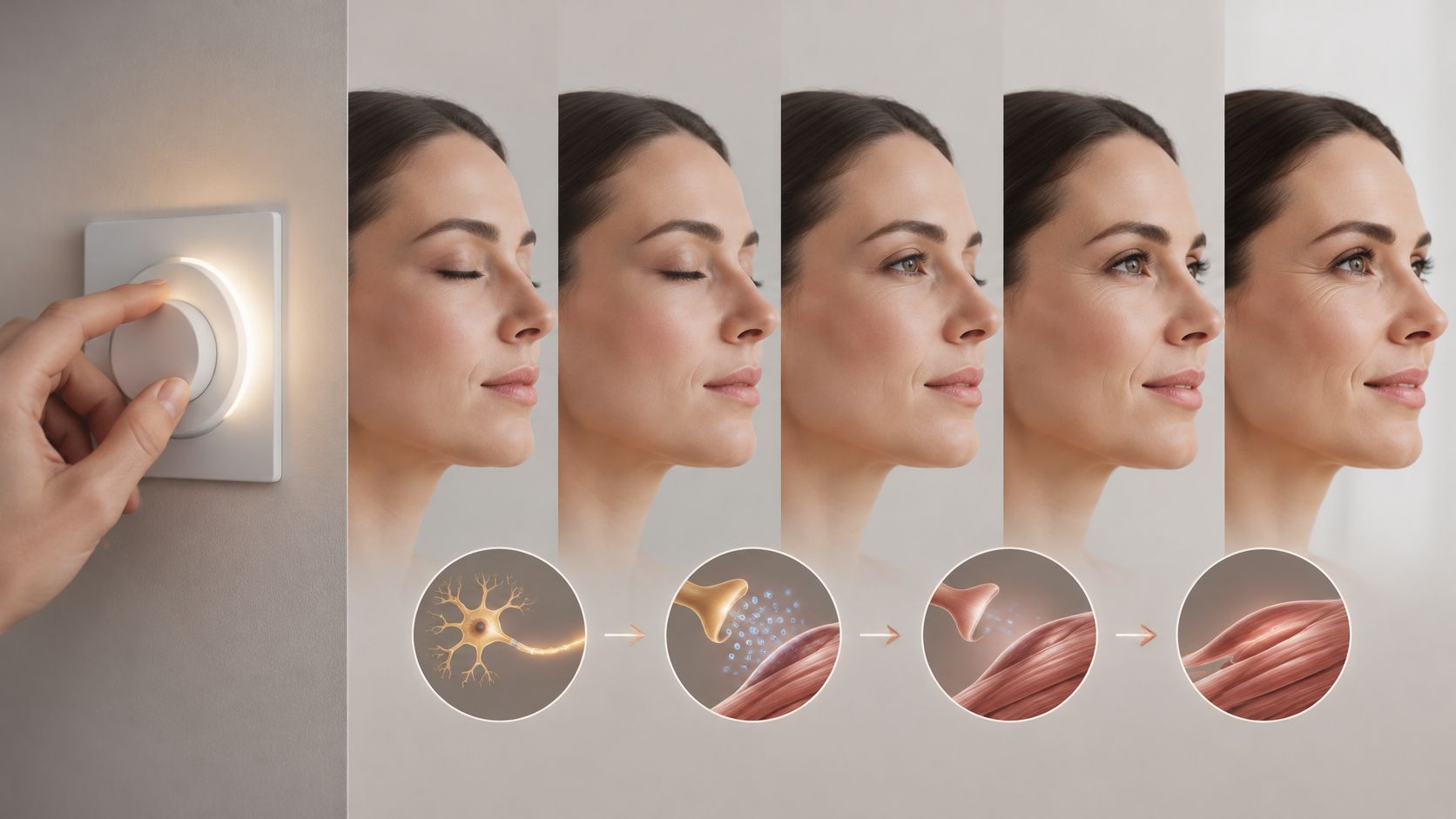 A composite image illustrating muscle contraction and facial aging, metaphorically controlled by a dimmer light switch.