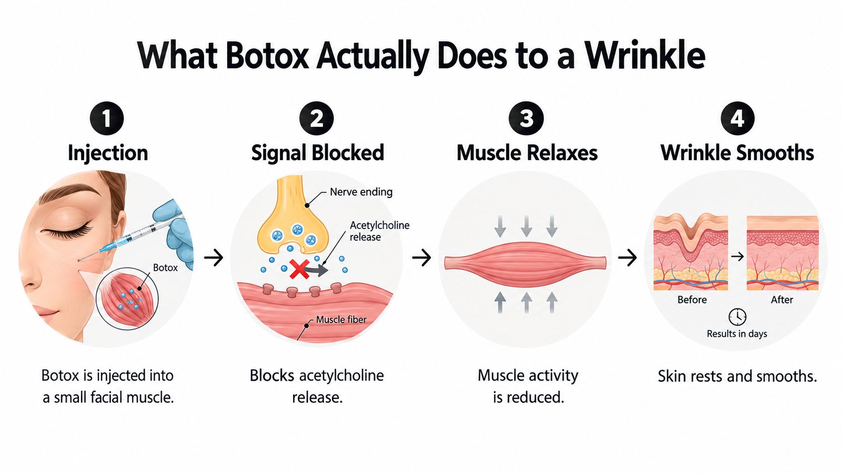 A four-step infographic illustrating how Botox injections work to relax muscles and smooth out facial wrinkles.