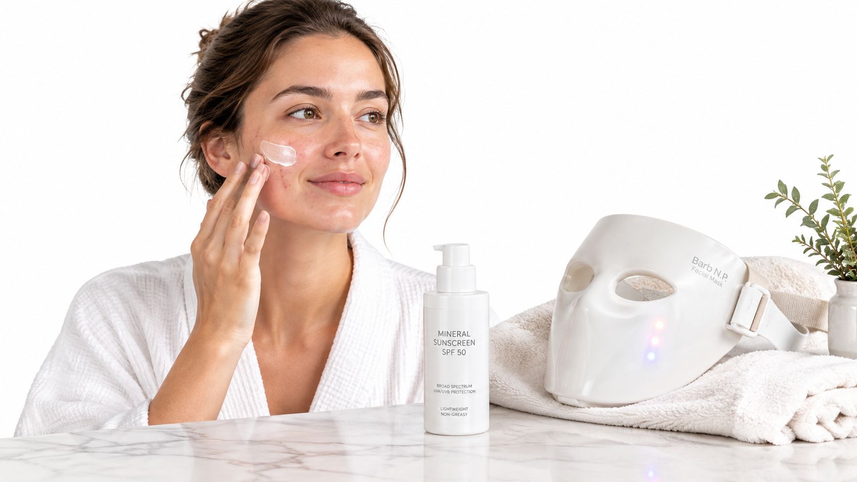 A woman in a robe applying mineral sunscreen to her face with an LED facial mask nearby.