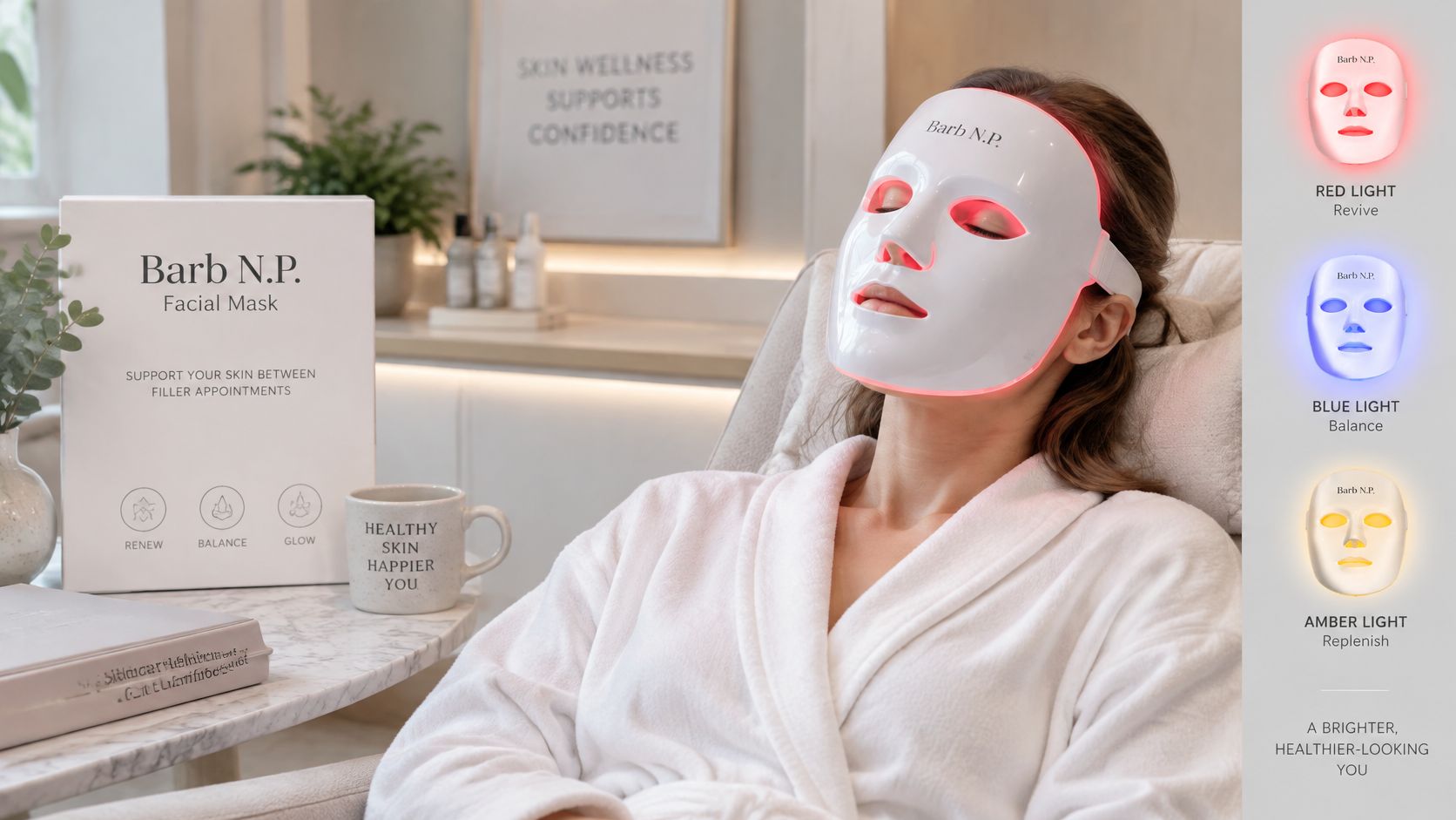 A woman wearing a white LED light therapy facial mask, promoting healthy skin care and wellness.