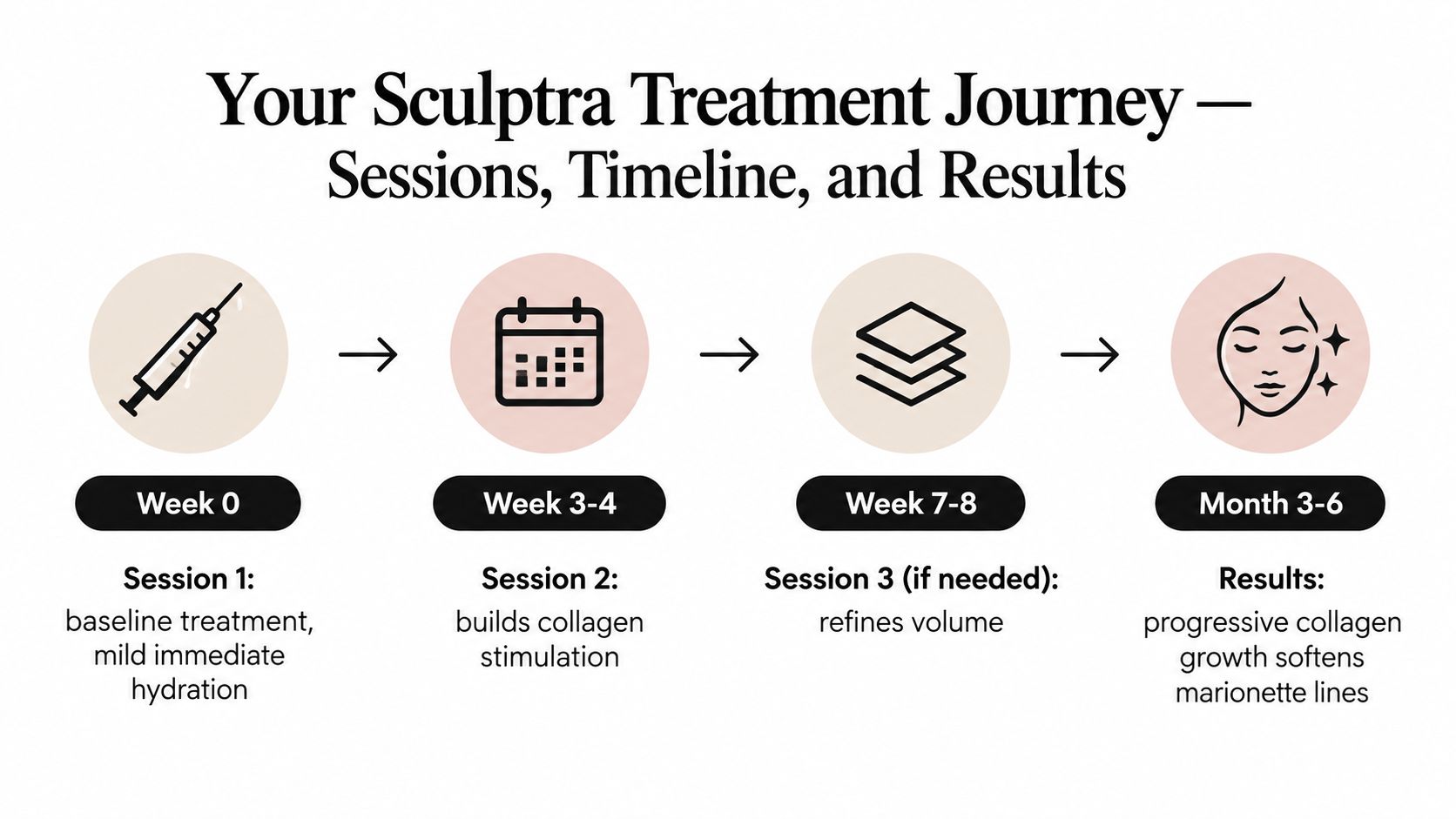 A visual timeline infographic illustrating the Sculptra treatment process from the first session to final results.