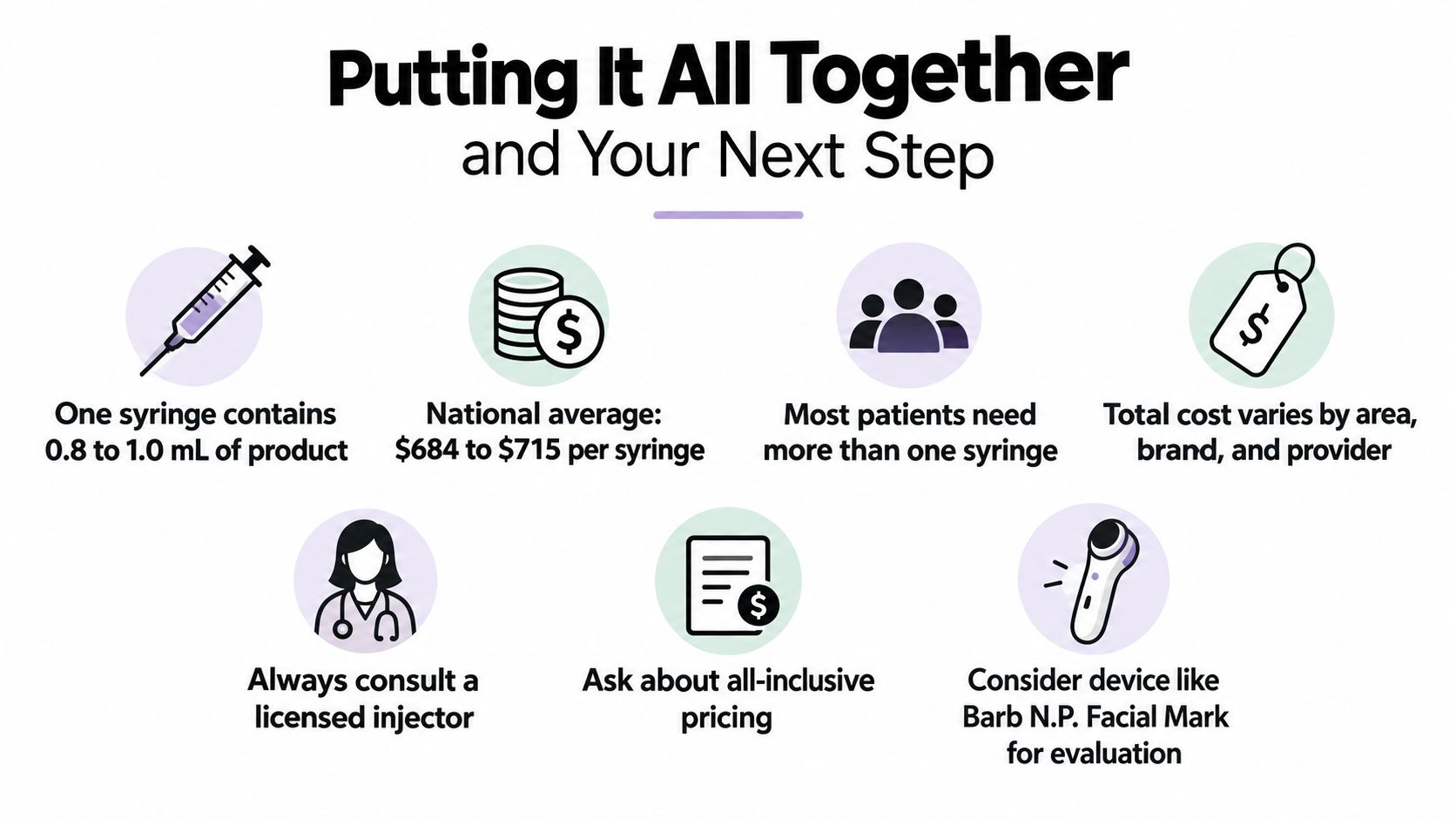 An infographic titled Putting It All Together outlining information about dermal filler costs and treatment considerations.