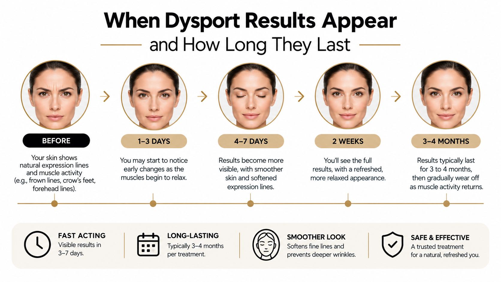 A timeline graphic showing the progression of Dysport injection results from before treatment up to four months.