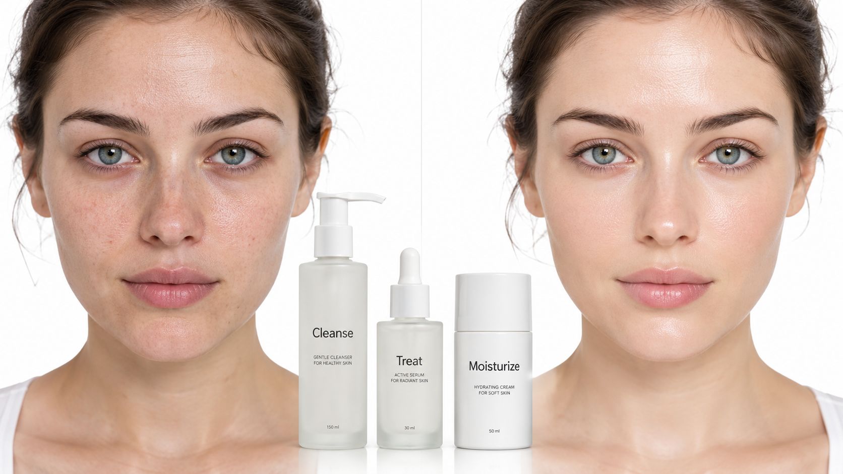 A split-screen comparison showing a woman's face before and after using a three-step skincare routine.