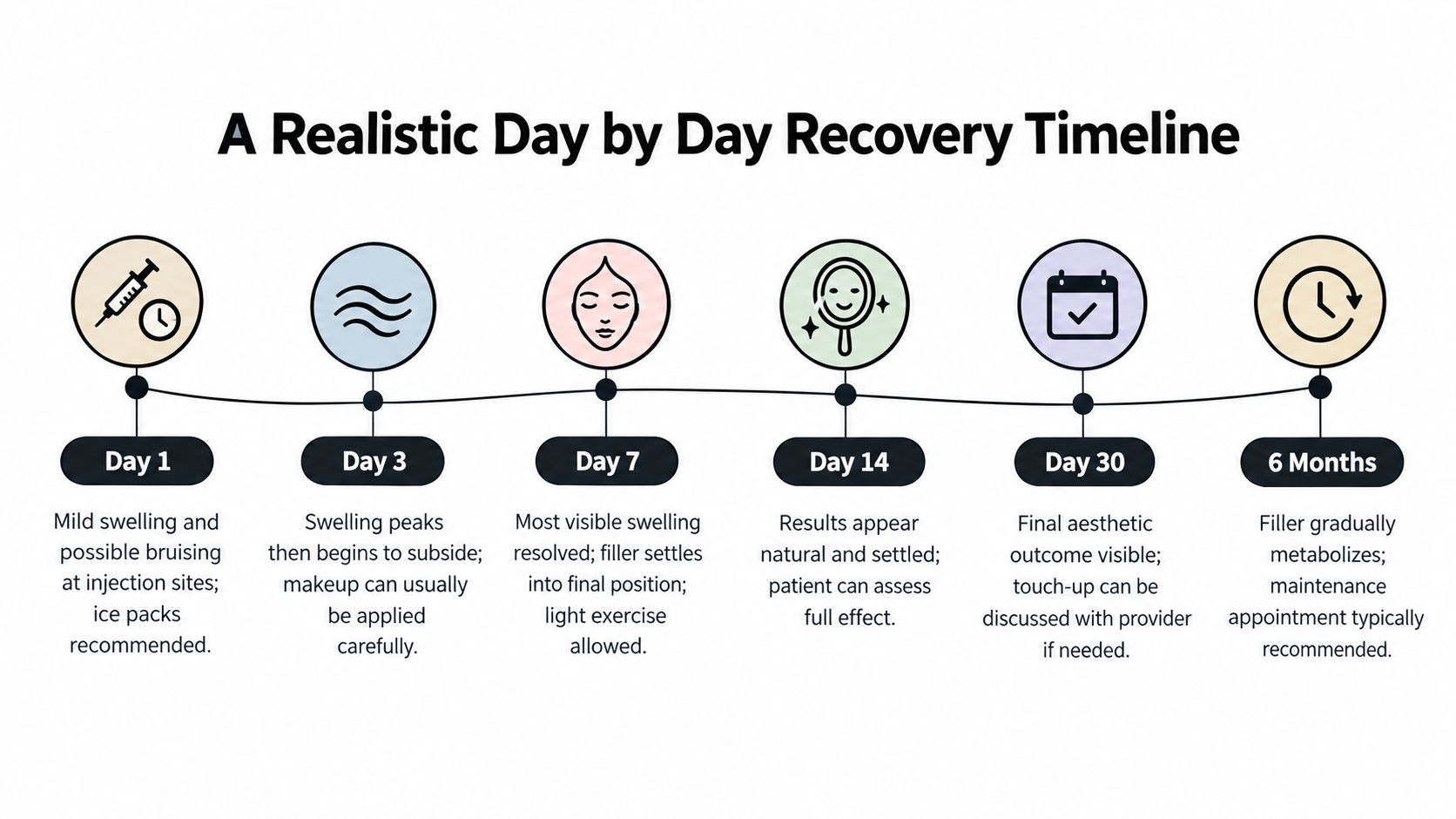 A timeline graphic illustrating the recovery stages and expected results following an under eye filler procedure.