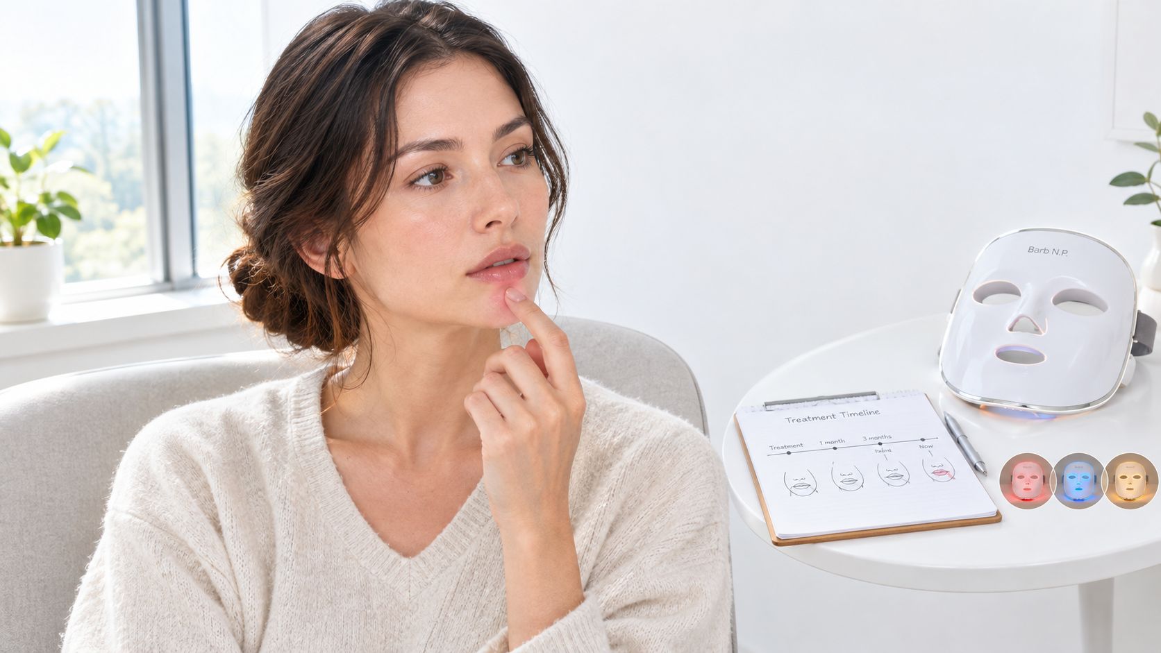 A woman touching her lip while looking at a treatment timeline document demonstrating lip filler migration signs.