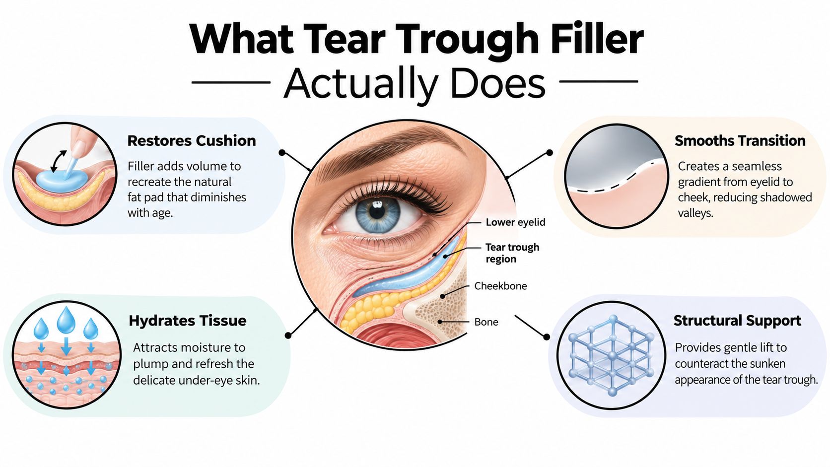 An infographic explaining how tear trough filler works by restoring cushion, hydrating tissue, smoothing transitions, and providing support.