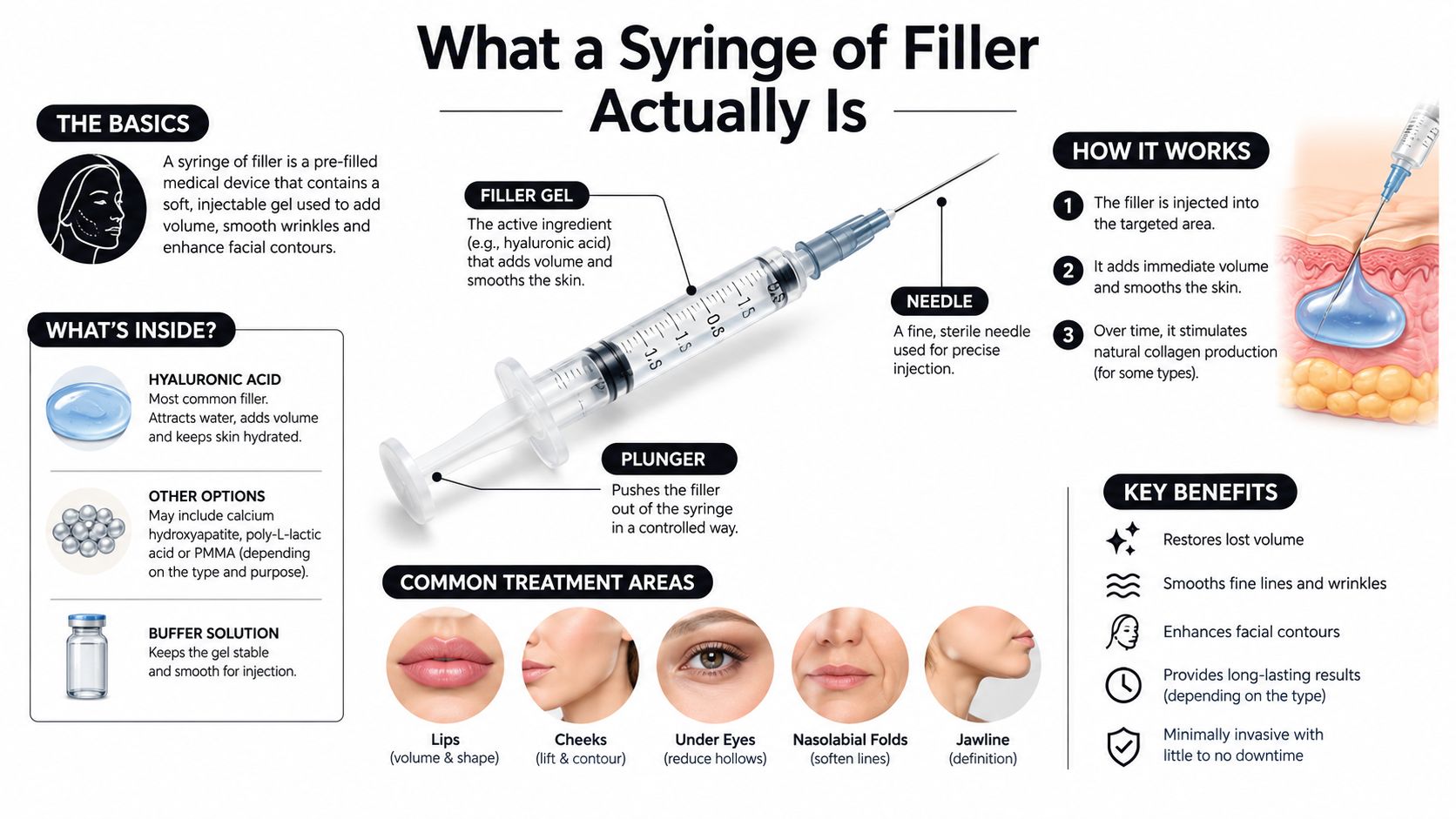 A detailed infographic explaining the components, function, treatment areas, and benefits of dermal filler syringes.