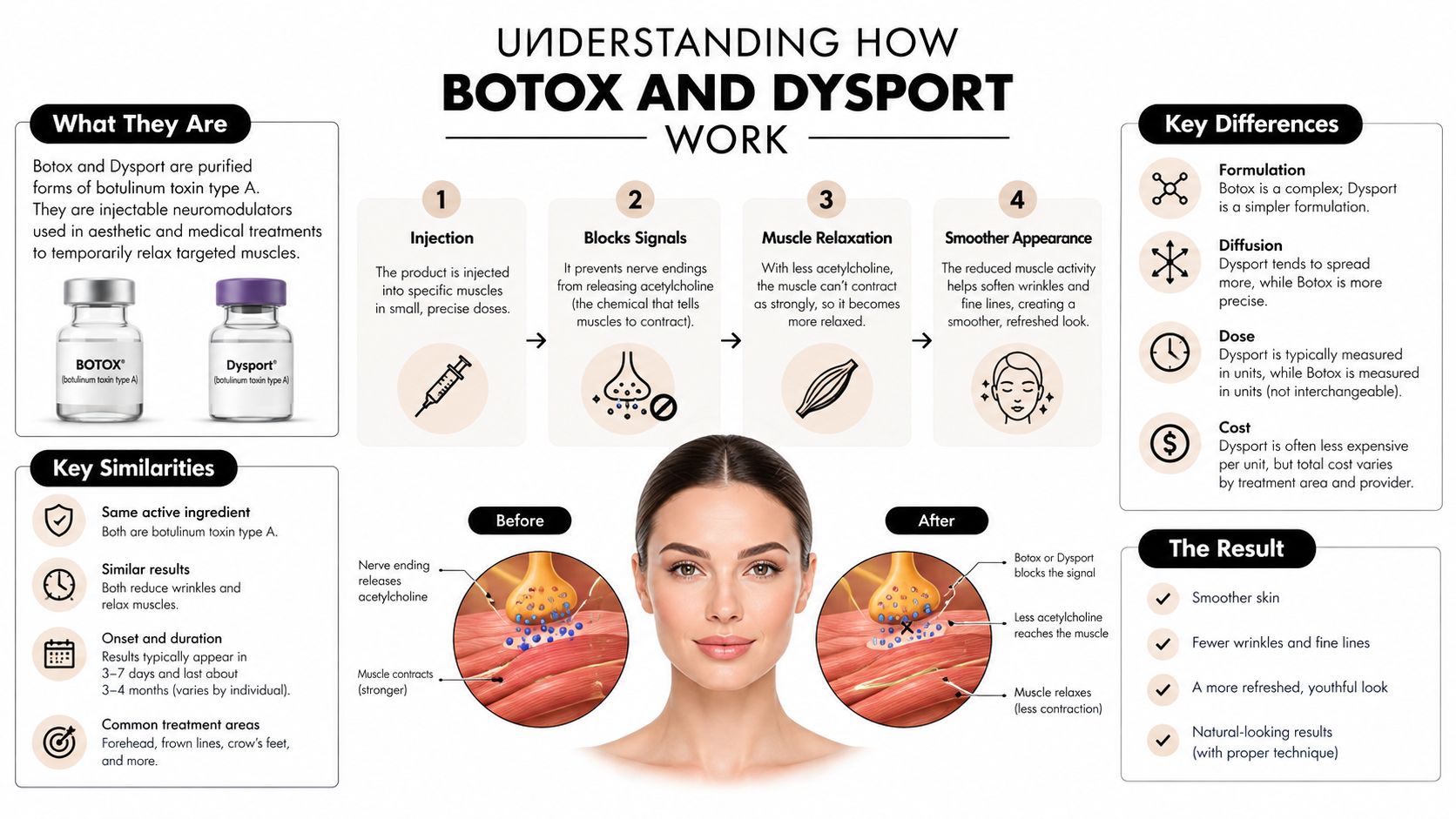 An infographic explaining the similarities and differences between Botox and Dysport cosmetic treatments for muscle relaxation.
