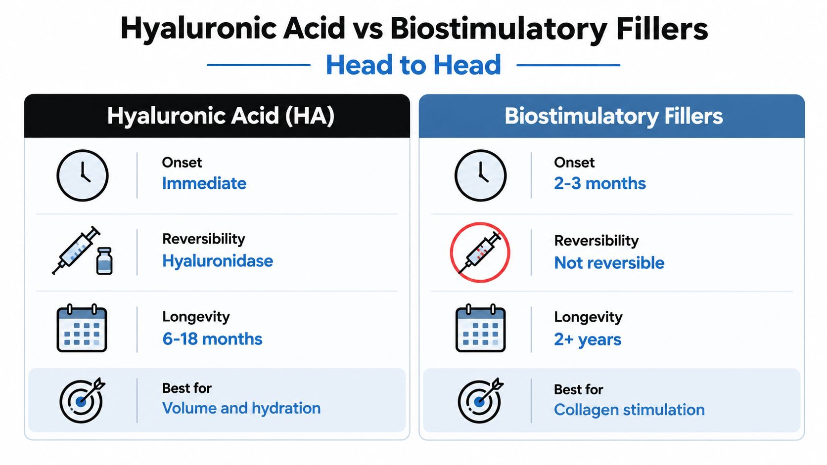 A comparison chart showing the differences between hyaluronic acid fillers and biostimulatory fillers in aesthetic treatments.