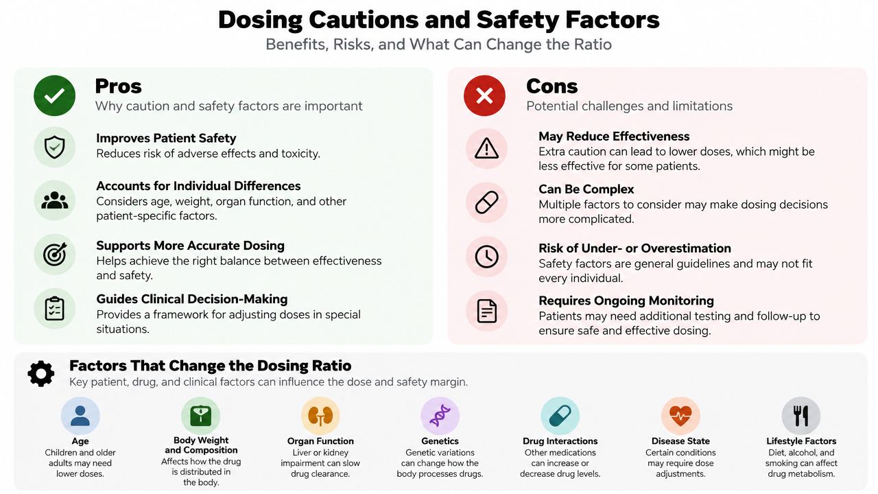 An infographic titled Dosing Cautions and Safety Factors detailing pros, cons, and influences on medication dosage.