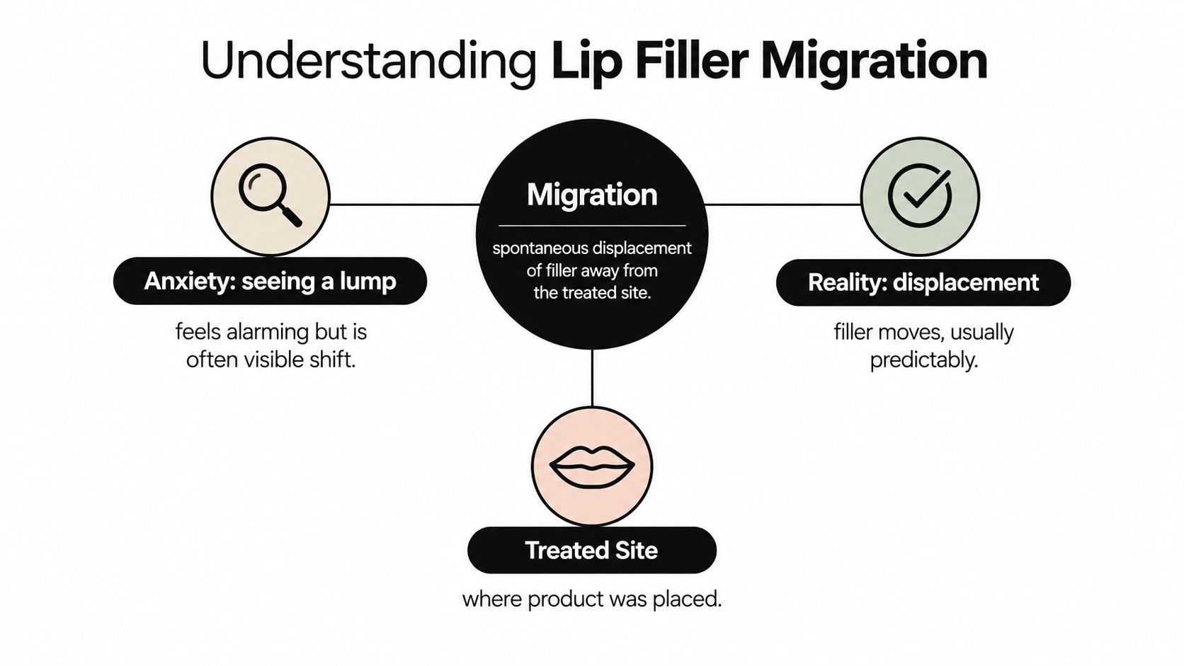 A diagram explaining lip filler migration as the spontaneous displacement of filler away from the treated site.