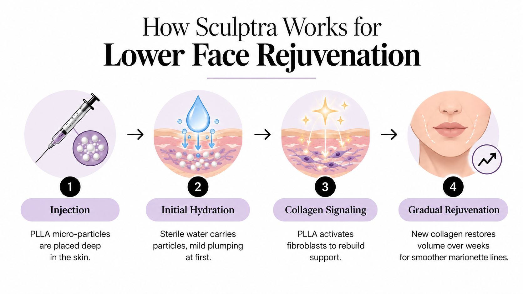 An infographic detailing the four-step process of how Sculptra injections work to rejuvenate lower facial skin.