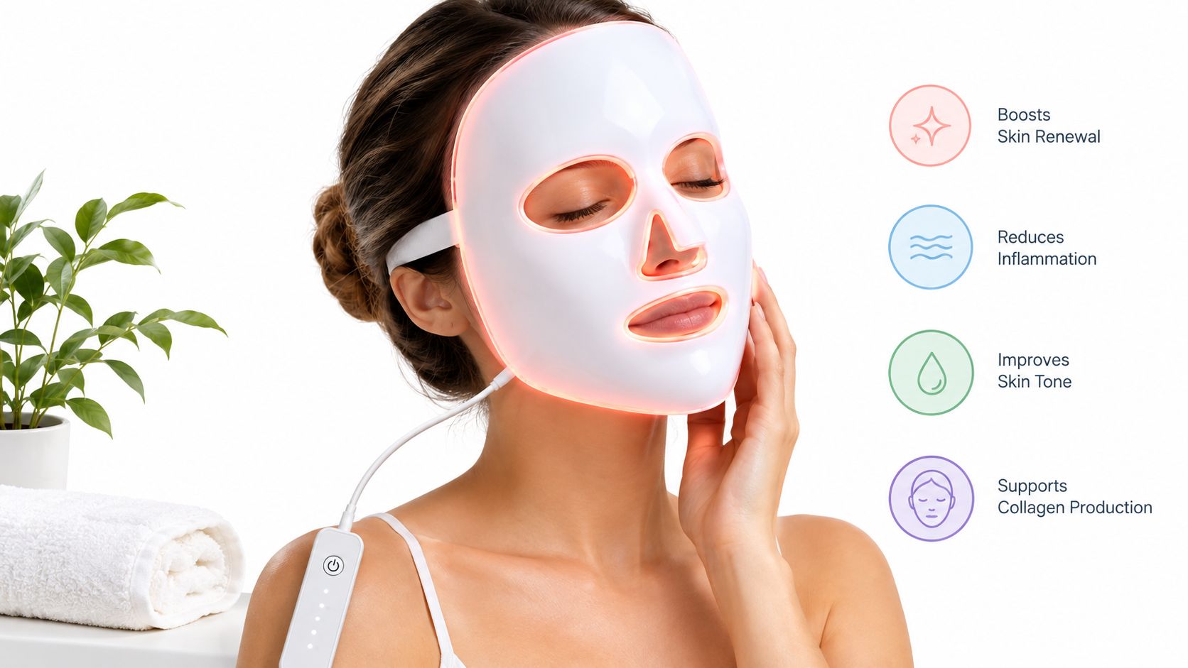 A woman wearing a white LED light therapy mask for skincare treatment, showcasing its beauty benefits.