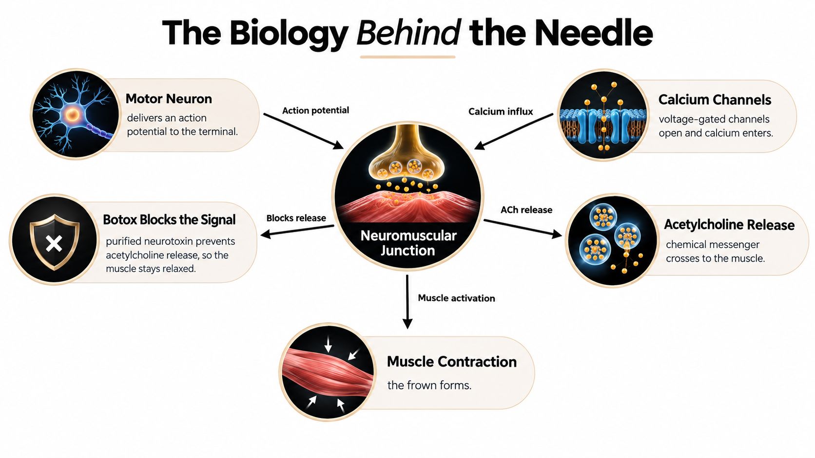 A diagram illustrating how Botox works by blocking neurotransmitter release at the neuromuscular junction to prevent muscle contraction.
