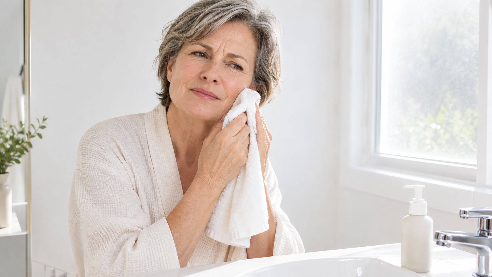A mature woman gently cleaning her face with a soft white towel in a bright bathroom setting.