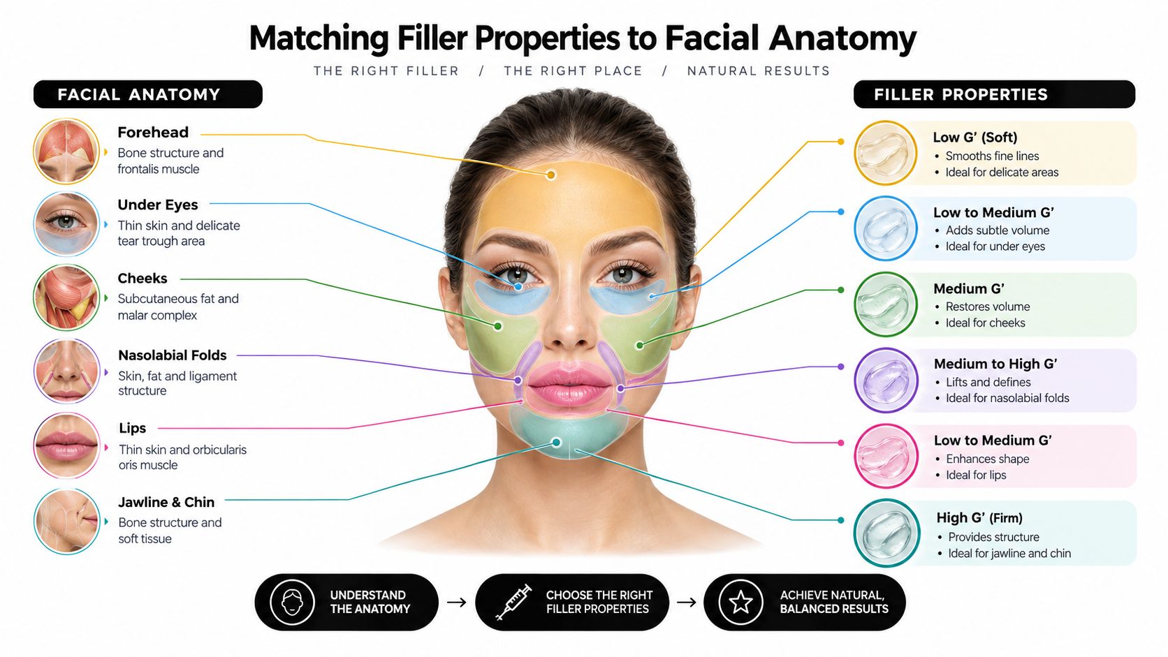 A diagram illustrating matching different dermal filler properties to specific facial anatomy regions for natural results.