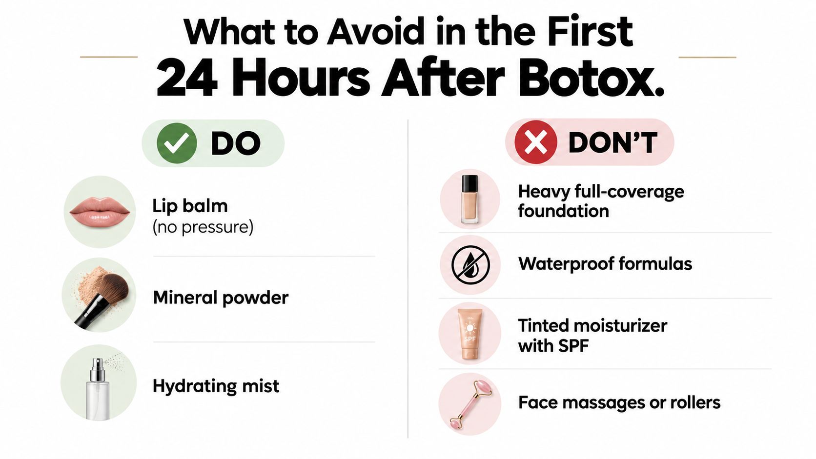 A helpful infographic outlining recommended and discouraged products and activities for the first 24 hours after Botox.