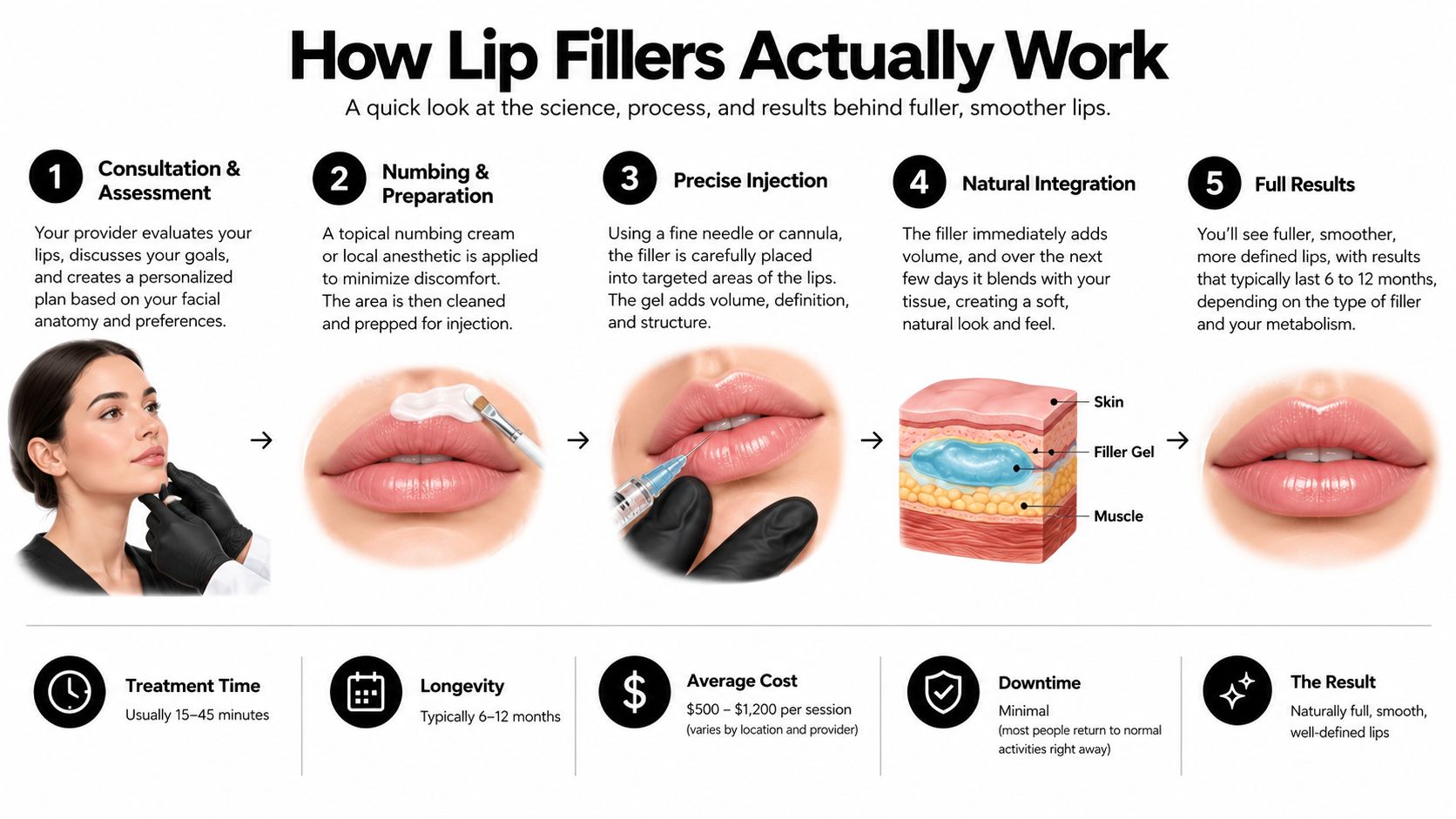 A step-by-step infographic explaining the process and science behind lip augmentation using dermal filler treatments.