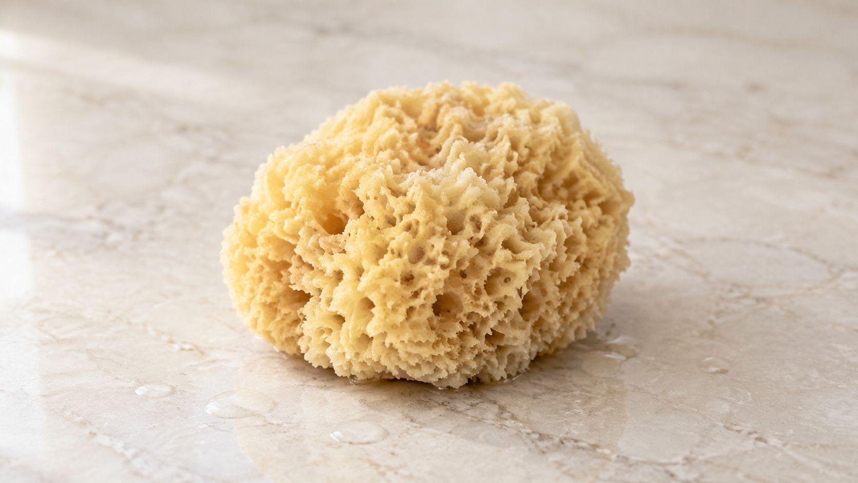 A natural sea sponge resting on a wet beige marble surface with water droplets visible.