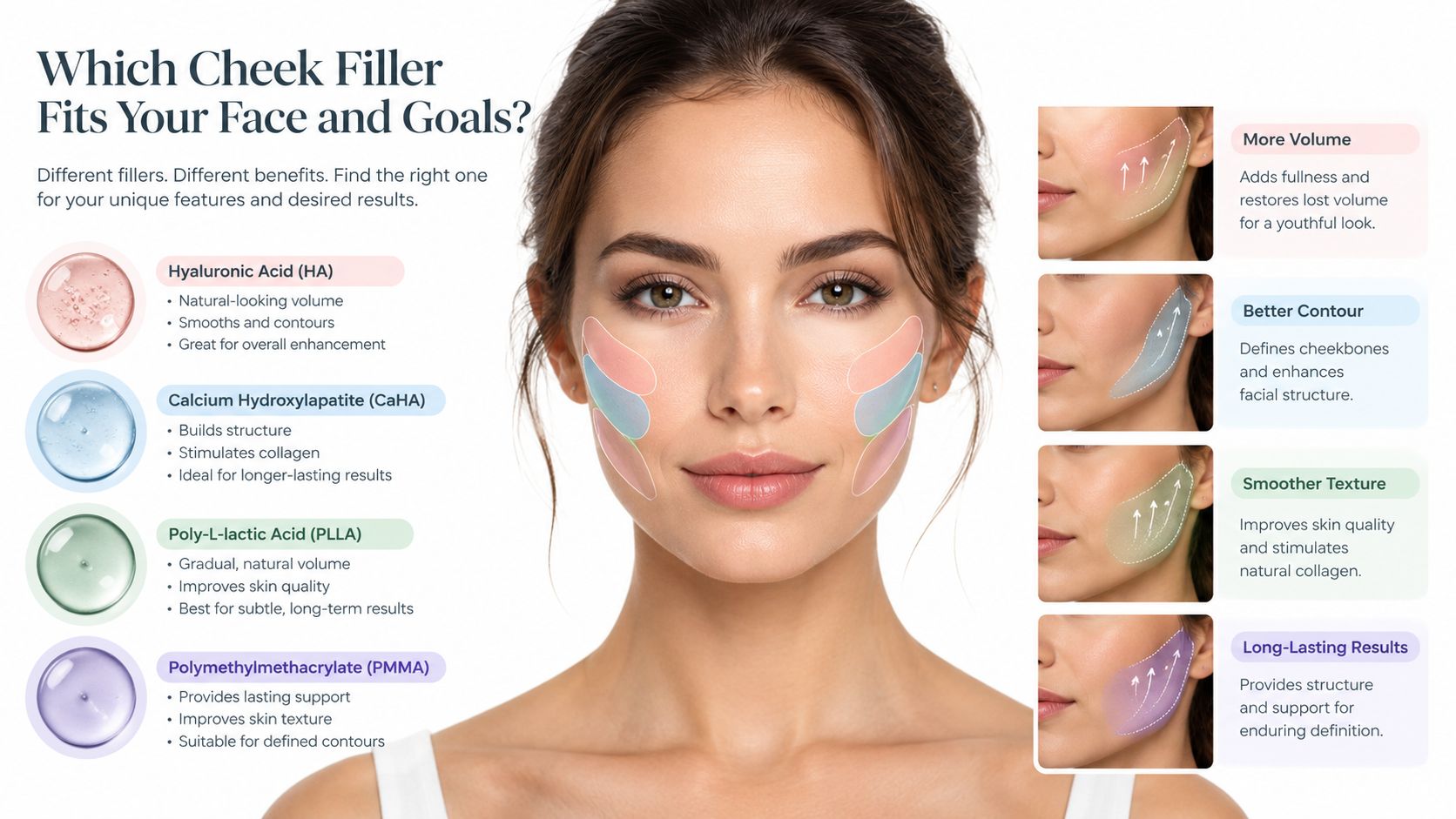 An infographic comparing different types of cheek fillers like HA, CaHA, PLLA, and PMMA for facial enhancement.