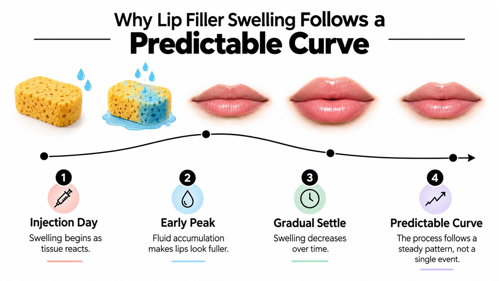 A diagram illustrating the four-stage, predictable timeline of lip filler swelling after cosmetic injection treatments.