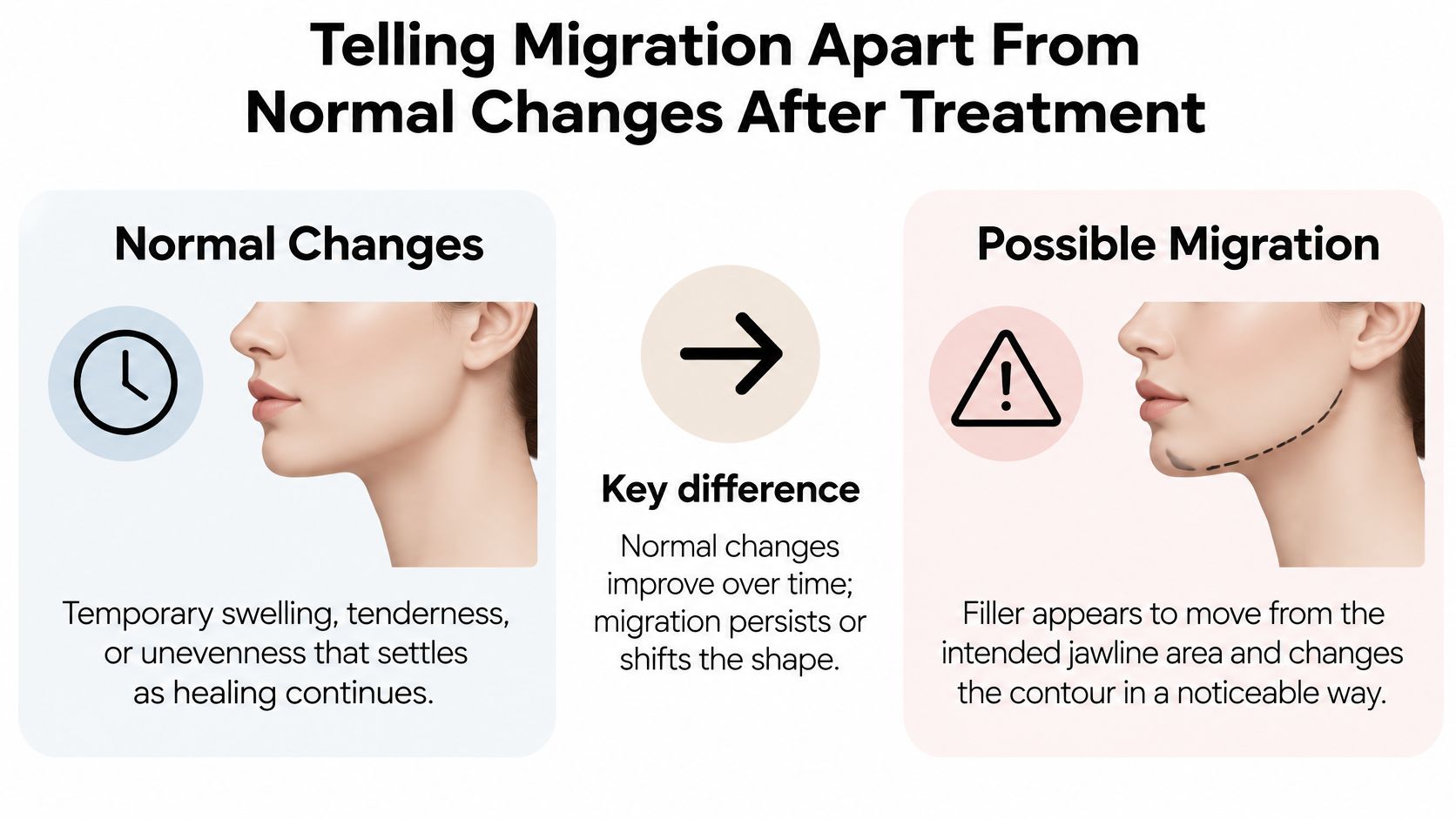 An educational infographic comparing normal post-treatment healing changes with signs of potential filler migration in jawline area.