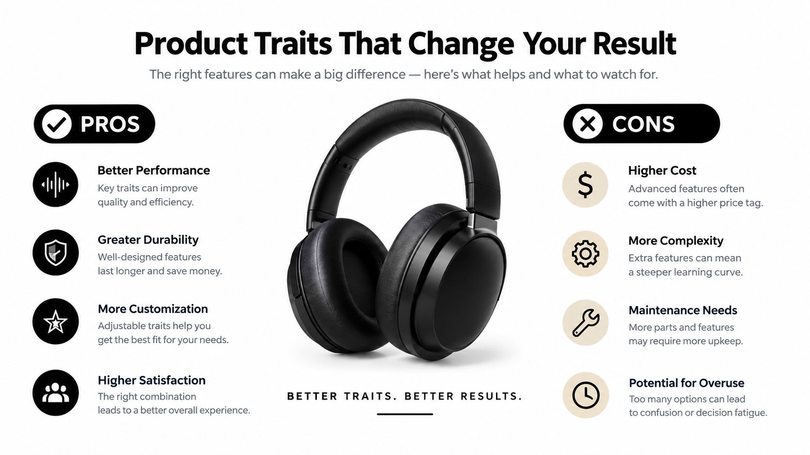 A professional infographic comparing the pros and cons of product features, featuring black headphones in the center.