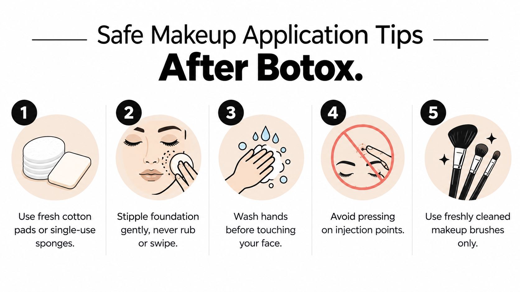An infographic titled Safe Makeup Application Tips After Botox illustrating five essential steps for facial care.