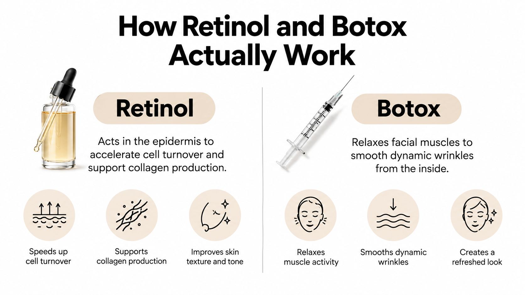 A comparative infographic explaining how retinol works on skin cells and how Botox relaxes facial muscles.