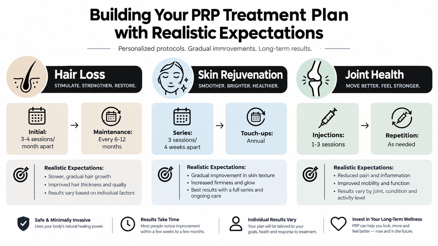 An infographic detailing PRP treatment plans for hair loss, skin rejuvenation, and joint health with realistic expectations.