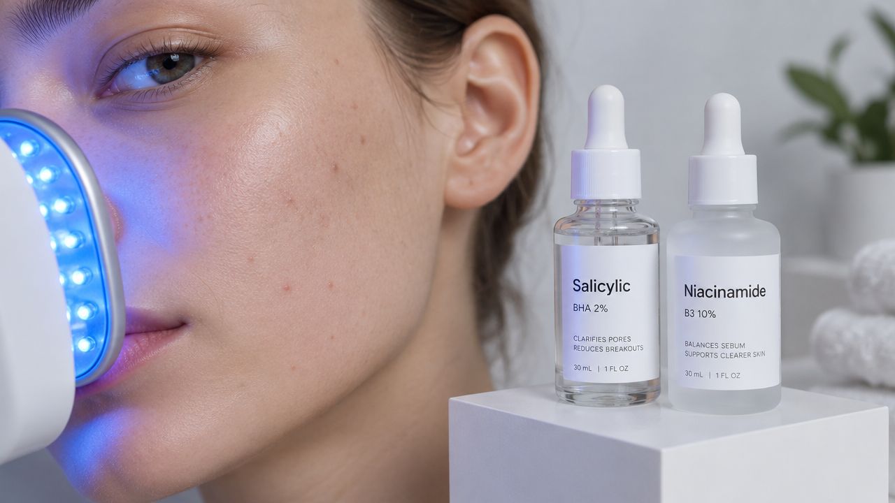 A woman using a blue light therapy device on her face next to salicylic acid and niacinamide bottles.