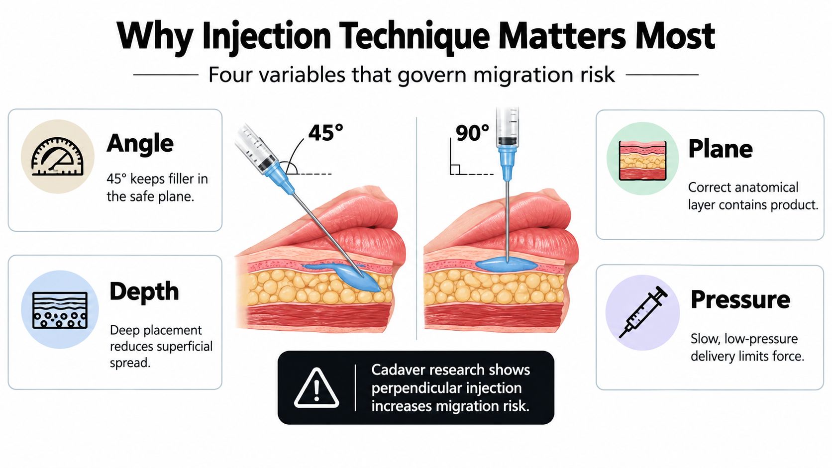 A medical infographic explaining four critical injection techniques to prevent filler migration during lip enhancement procedures.