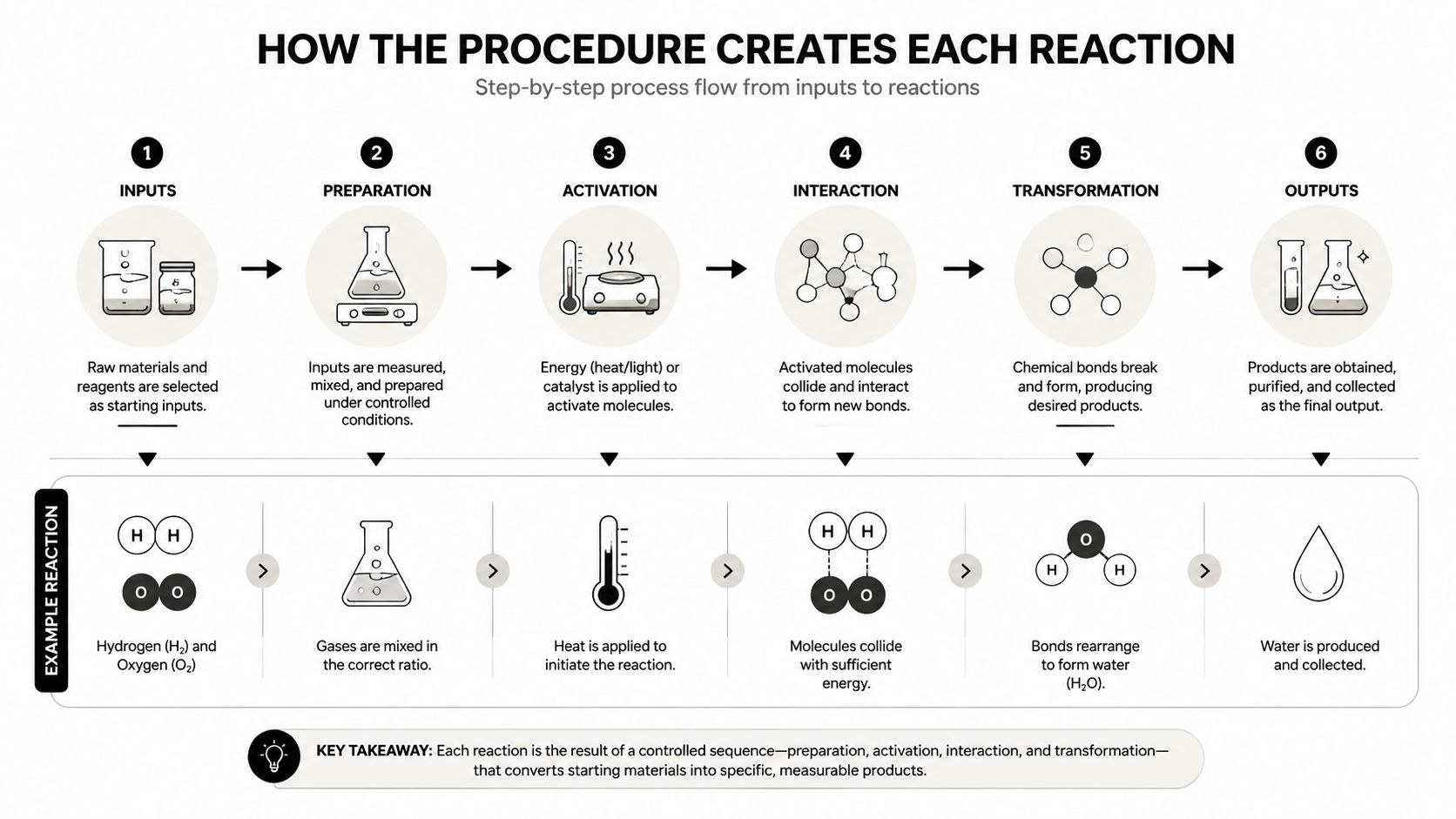A six-step process flow diagram illustrating chemical reactions with an example showing hydrogen and oxygen forming water.