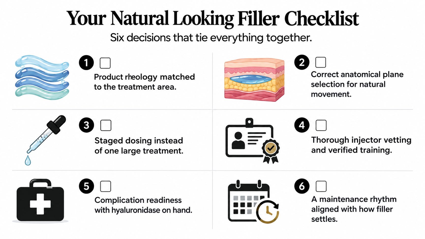A six-point infographic titled Your Natural Looking Filler Checklist outlining key considerations for safe cosmetic filler treatments.