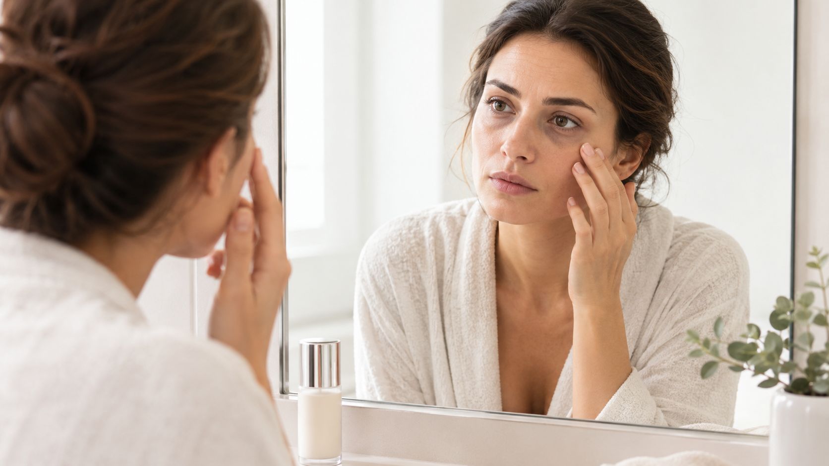 A woman examining the dark circles under her eyes while looking into a bathroom mirror.