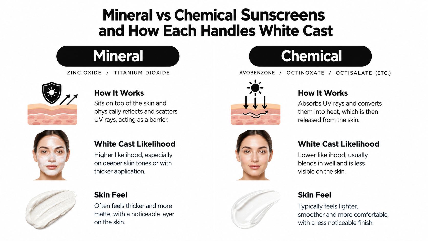 A comparison chart explaining the differences between mineral and chemical sunscreens regarding white cast and skin feel.