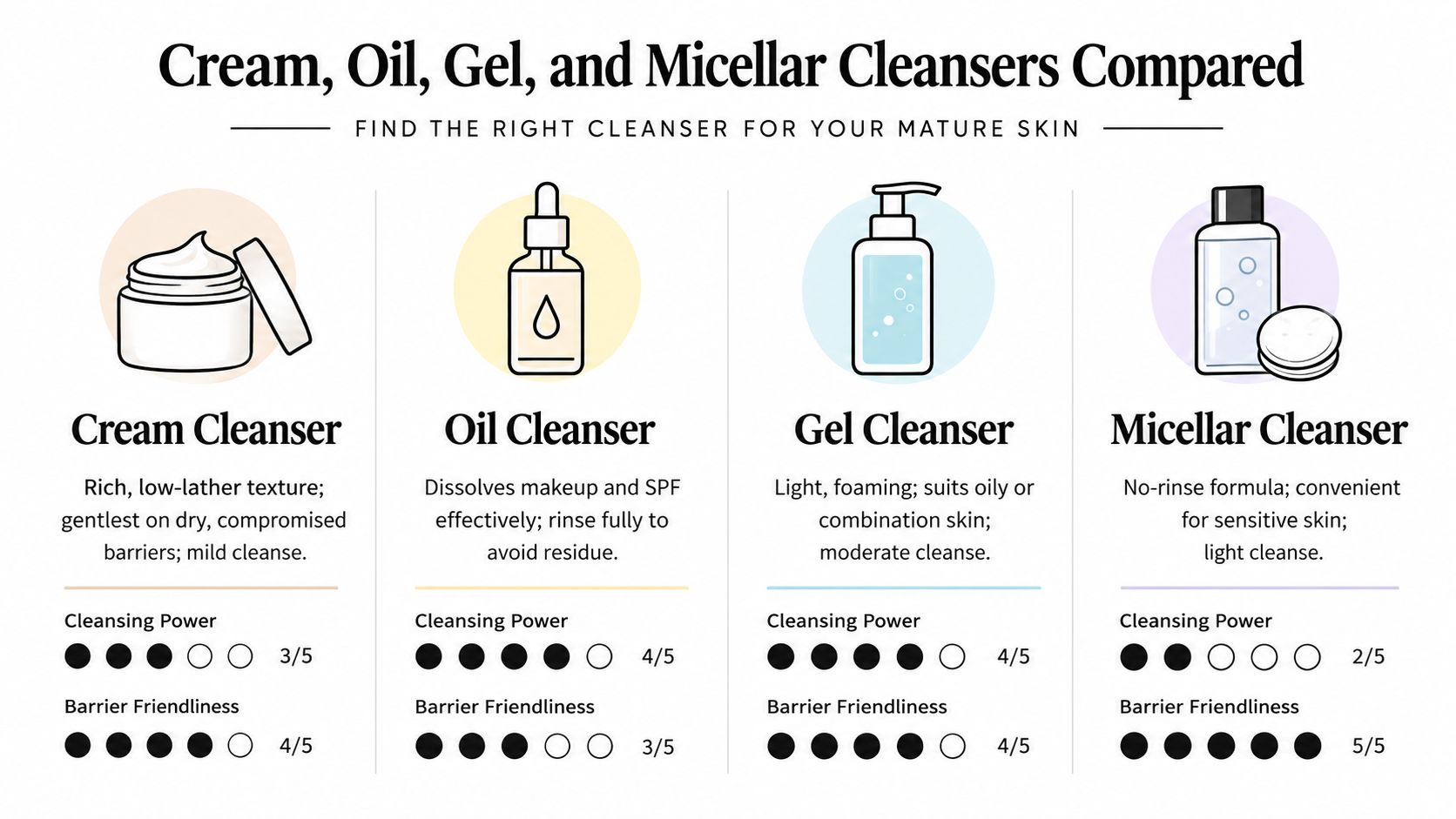 A comparison chart showing features and ratings for cream, oil, gel, and micellar cleansers for mature skin.