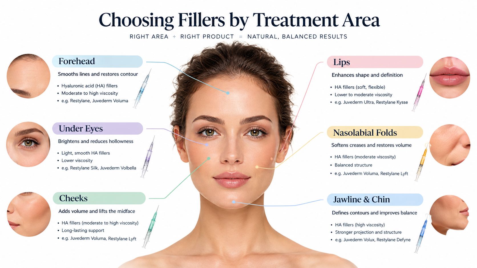 A visual guide illustrating appropriate dermal filler products and viscosity levels for different facial treatment areas.