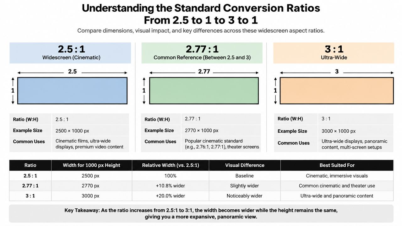 A comparison chart explaining the differences between 2.5:1, 2.77:1, and 3:1 cinematic widescreen aspect ratios.