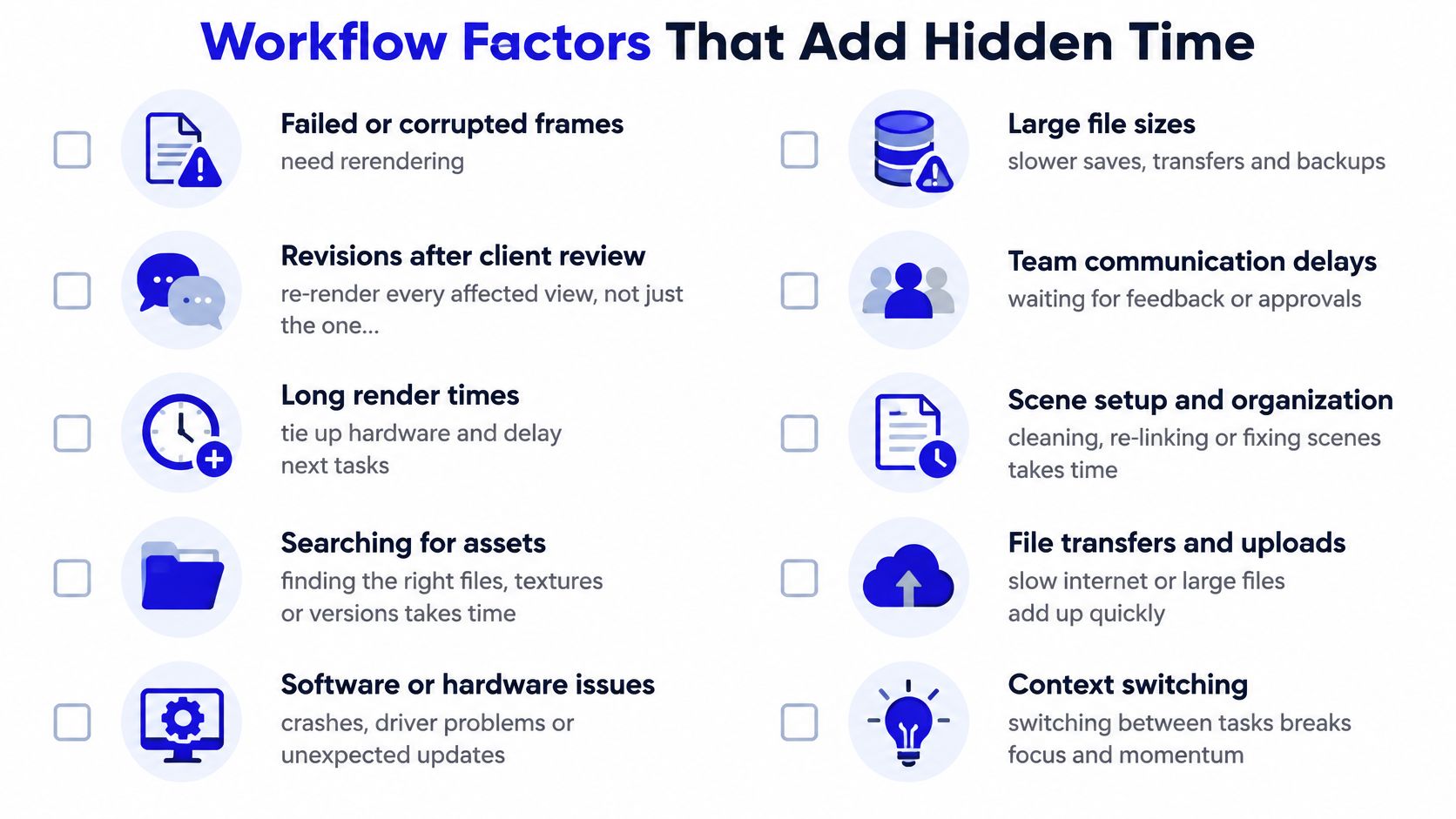 An infographic listing ten common workflow factors that cause hidden time delays in professional creative projects.