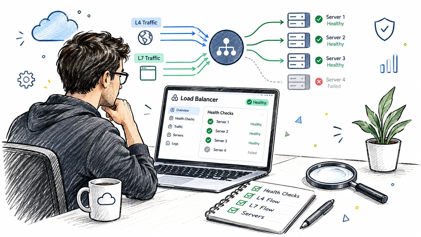 A person viewing a load balancer dashboard on a laptop with diagrams showing traffic and server health.