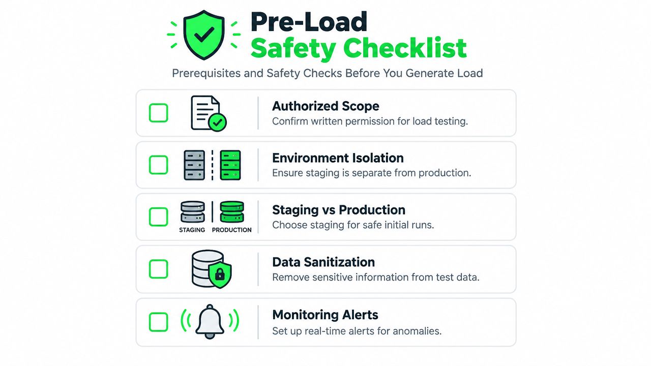 A checklist infographic titled Pre-Load Safety Checklist for performing safe load testing on system environments.