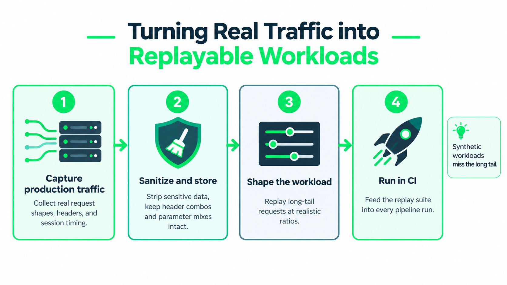 A four-step process diagram illustrating how to turn real production traffic into replayable workloads for CI testing.