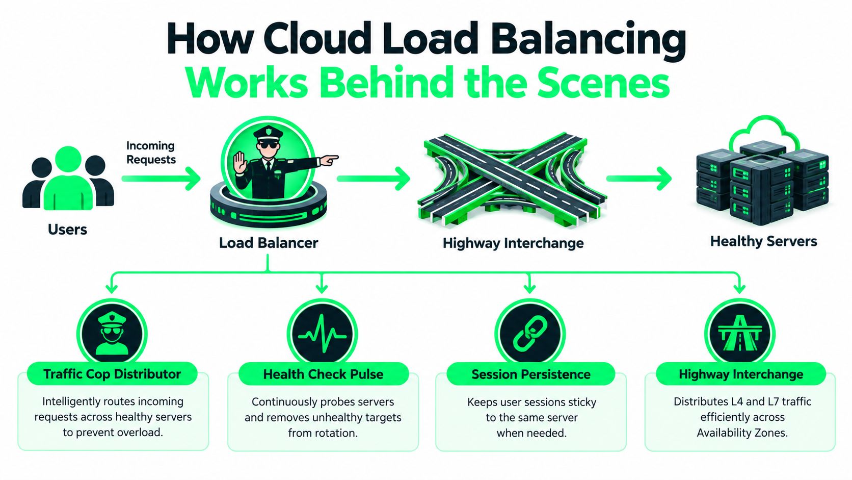 A diagram illustrating how cloud load balancing works with users, a traffic cop load balancer, and servers.