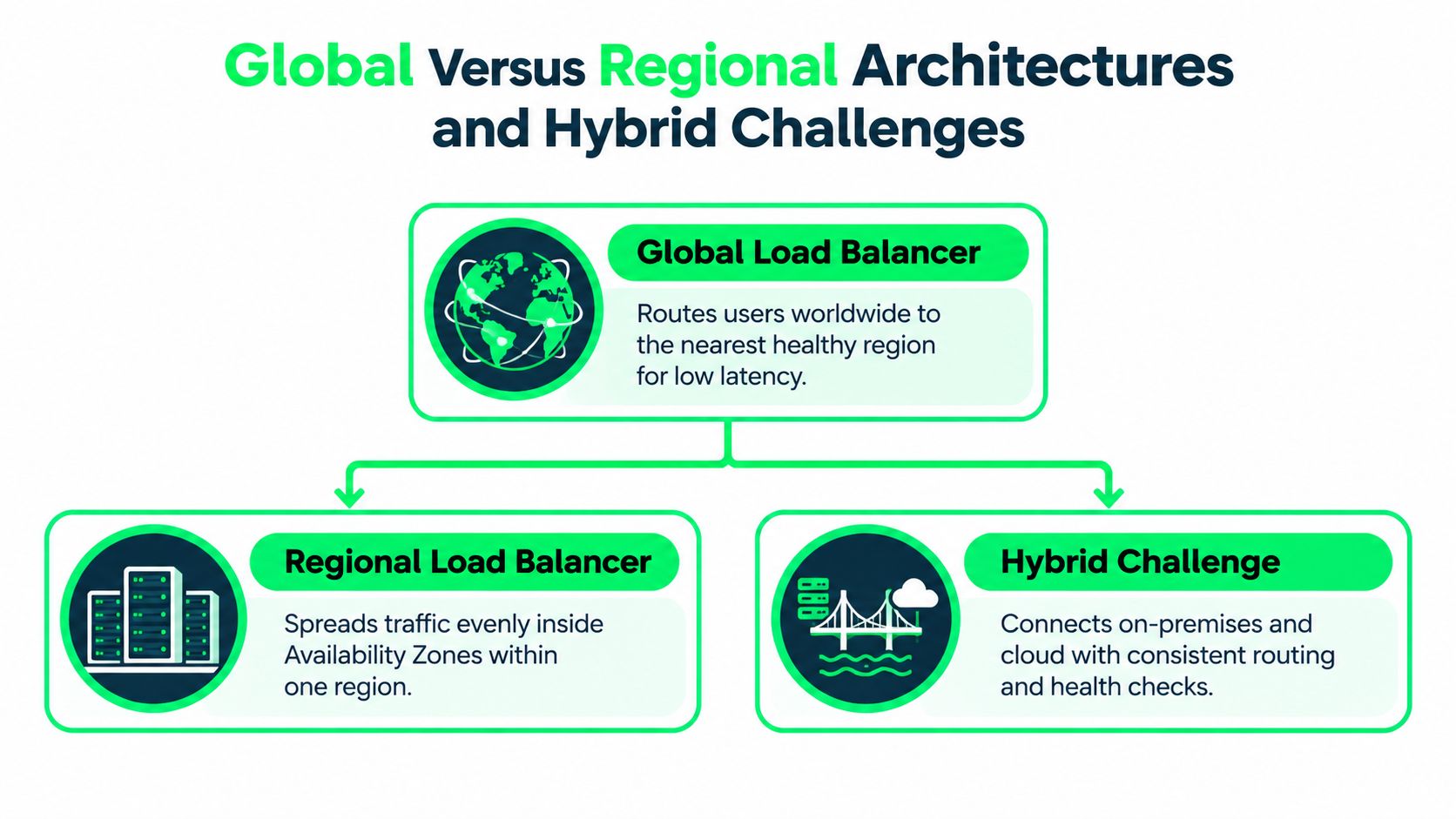 A diagram illustrating the differences between global load balancers, regional load balancers, and hybrid architecture challenges.