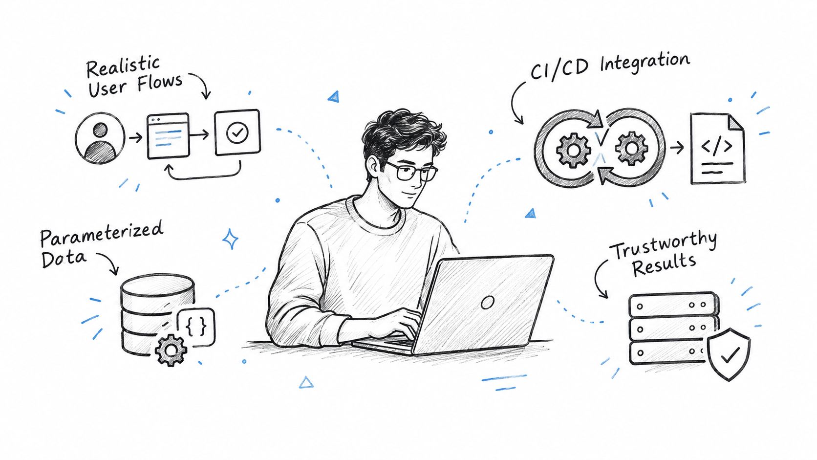 A developer using a laptop surrounded by hand-drawn illustrations representing software testing workflows, automation, and CI/CD integration.
