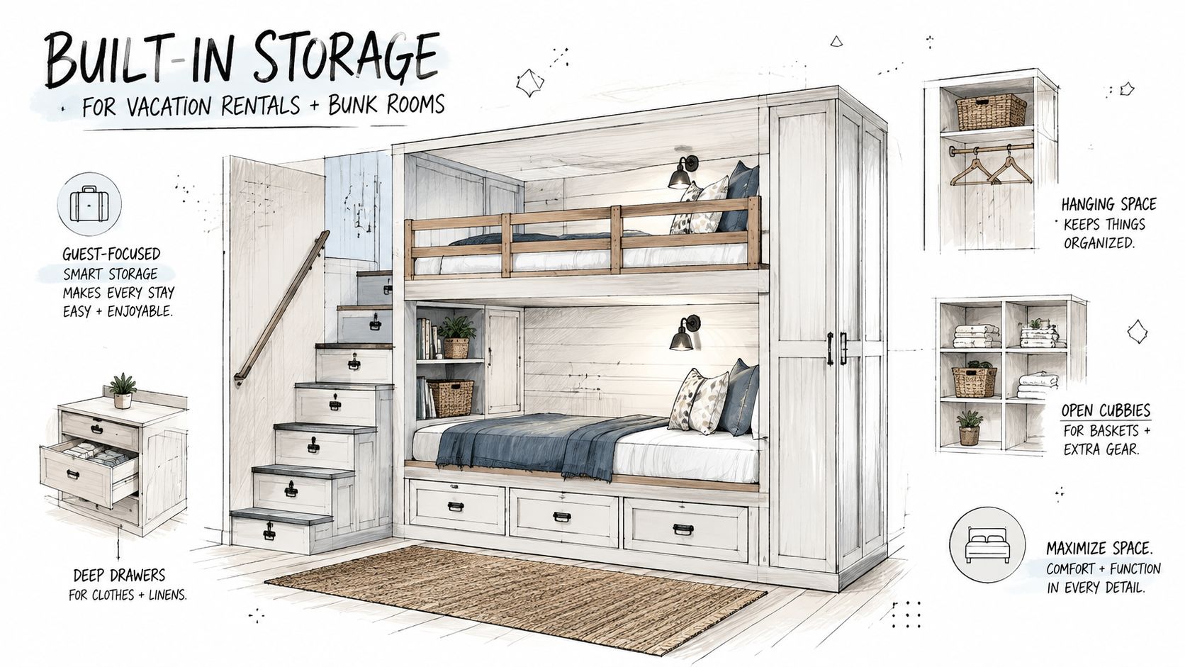 A custom bunk bed design featuring integrated storage stairs, drawers, and shelving for vacation rentals and bedrooms.