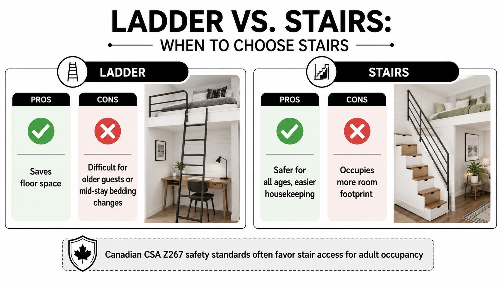 A comparison infographic showing the pros and cons of using a ladder versus stairs for bunk bed access.