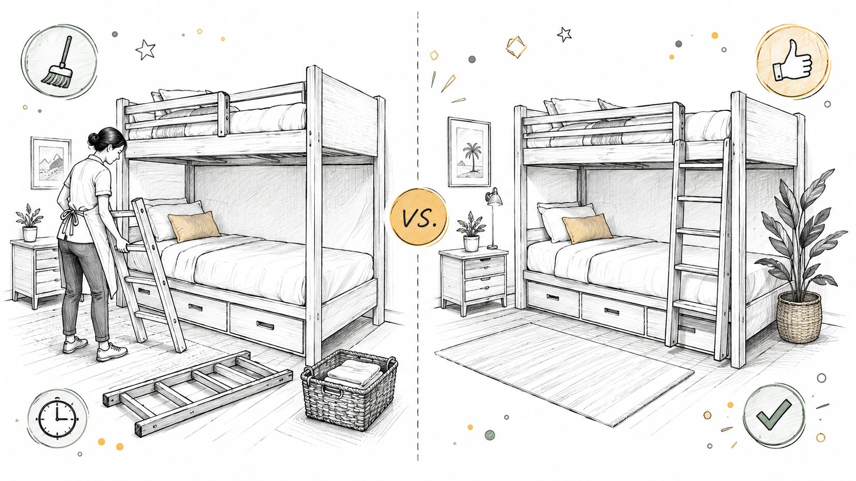 A split image showing a messy room with a detached bunk bed ladder versus a clean organized bedroom.